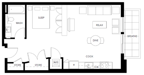 Floor plan for studio, 1 bath, 544 sqft